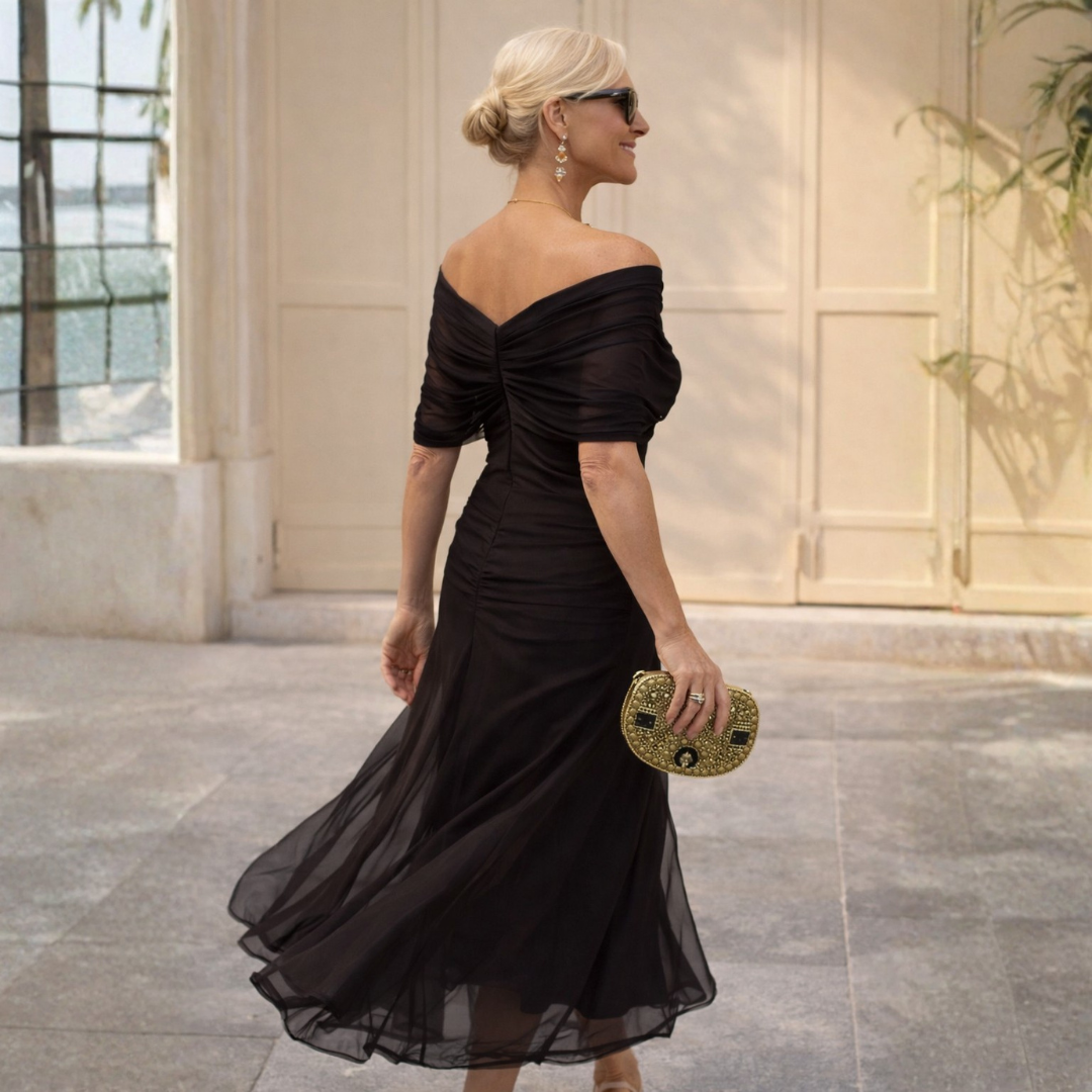Mikaela | Vestido maxi elegante con escote bardot