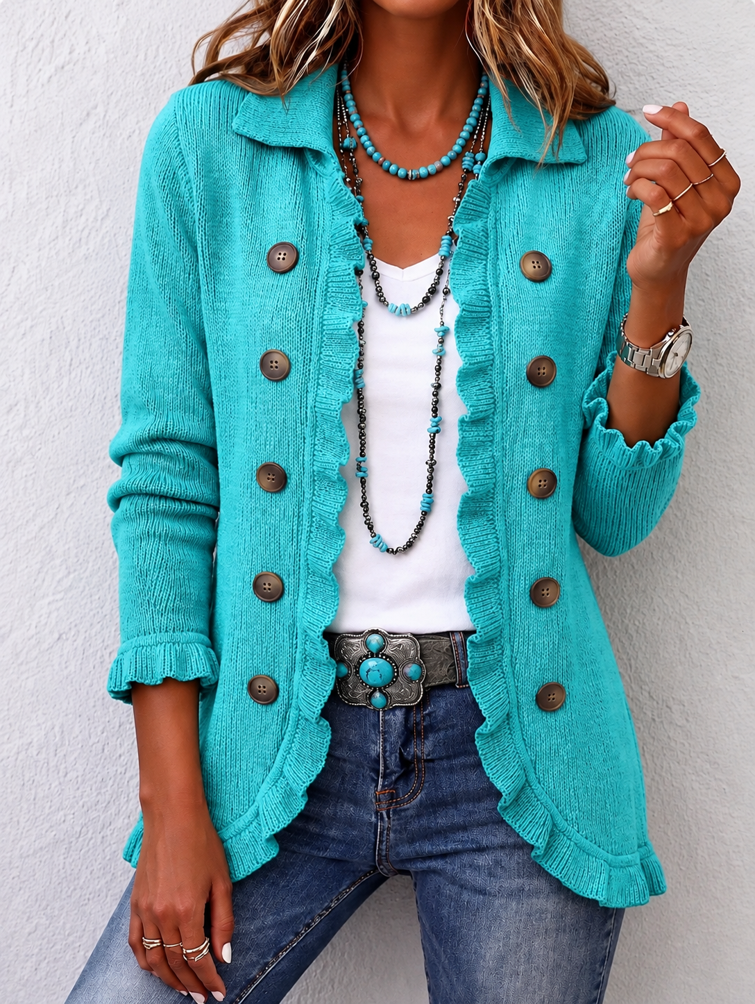 Silvana | Chaqueta de pana turquesa con volantes