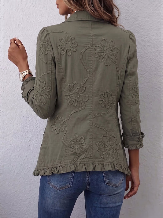 Alessandra | Chaqueta bohemia chic verde retro con flores bordadas y volantes