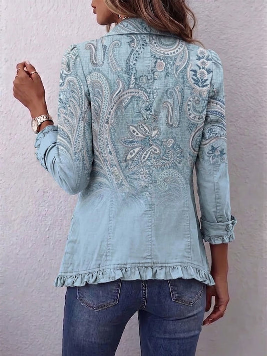 Emilia | Chaqueta vintage de estampado paisley azul cielo con volantes