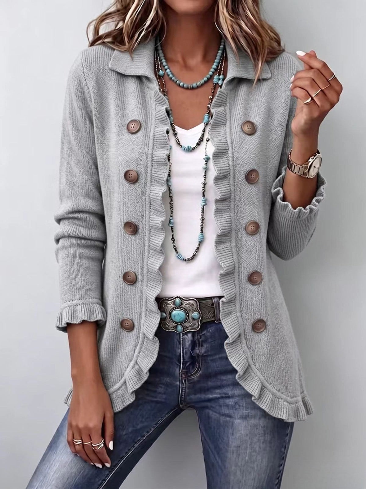 Teodora | Chaqueta de pana gris jaspeado con volantes