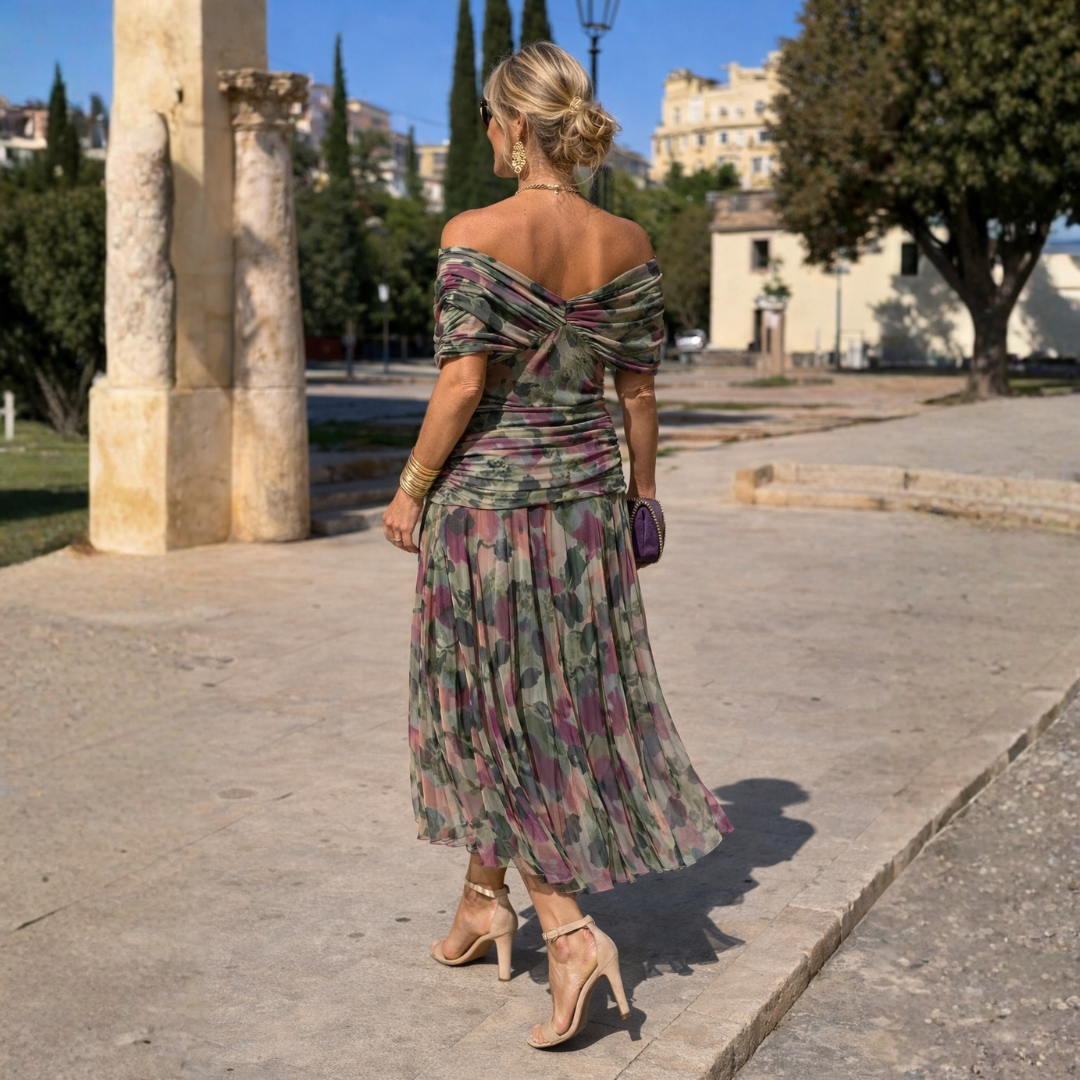 Mikaela | Vestido maxi elegante con escote bardot