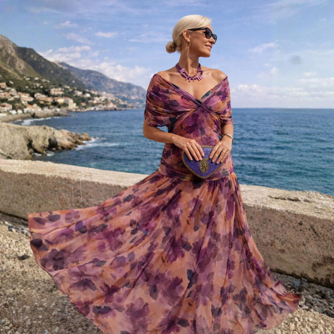 Mikaela | Vestido maxi elegante con escote bardot