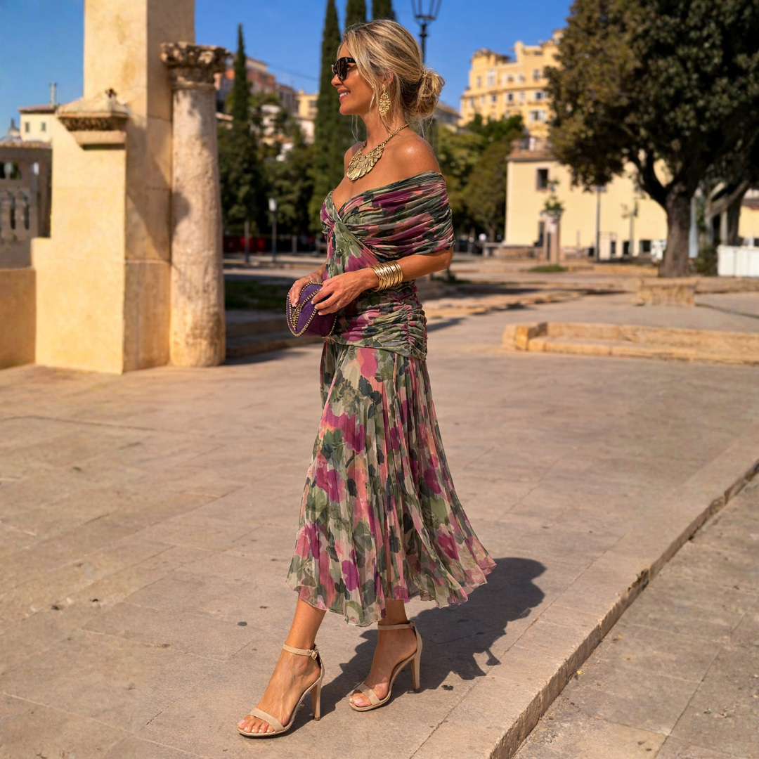 Mikaela | Vestido maxi elegante con escote bardot