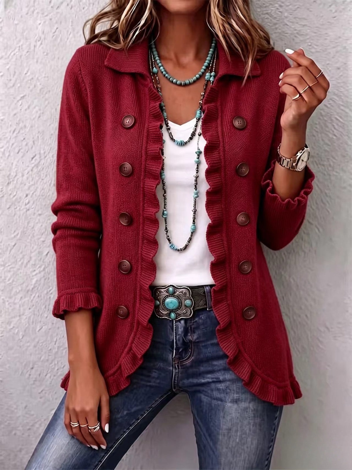 Marta | Chaqueta de pana rojo rubí con volantes