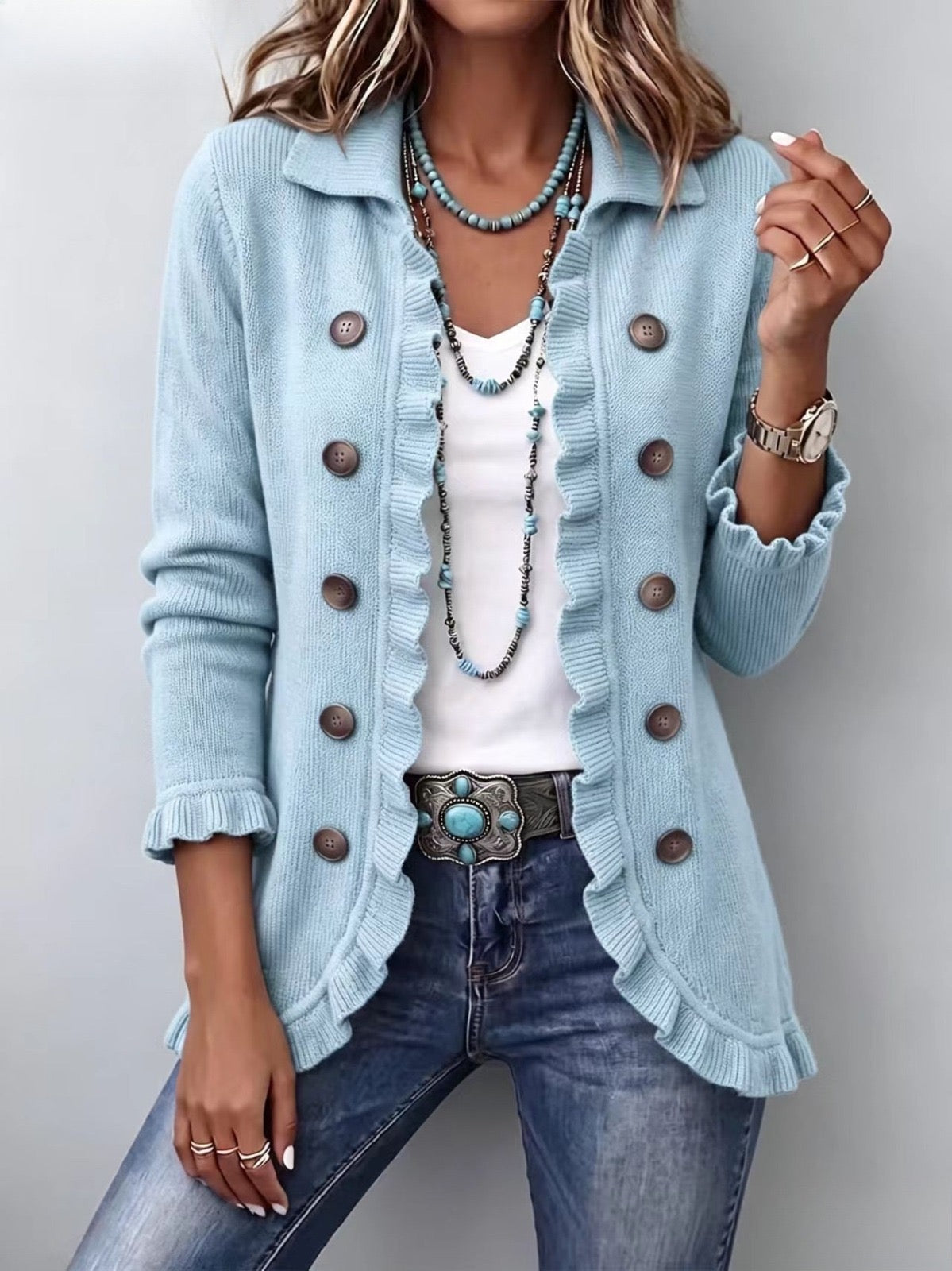 Perla | Chaqueta de pana azul empolvado con volantes