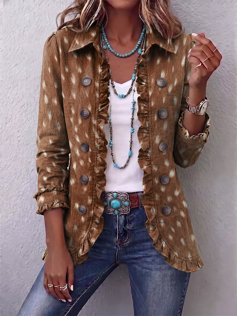 Elena | Chaqueta bohemia marrón con estampado animal y volantes