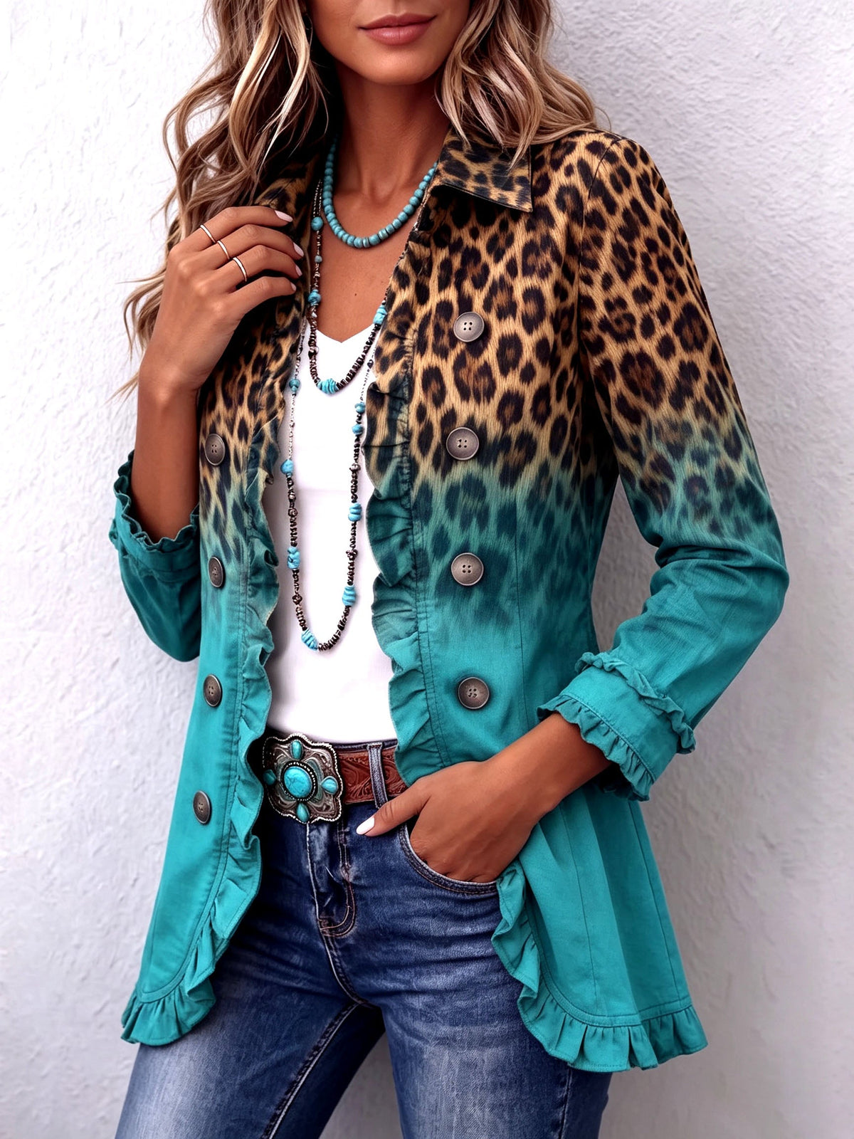 Bice | Blazer con estampado de leopardo difuminado en turquesa