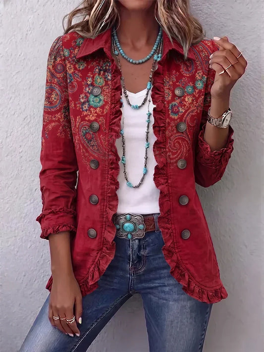 Carlotta | Chaqueta bohemia roja con estampado paisley y volantes