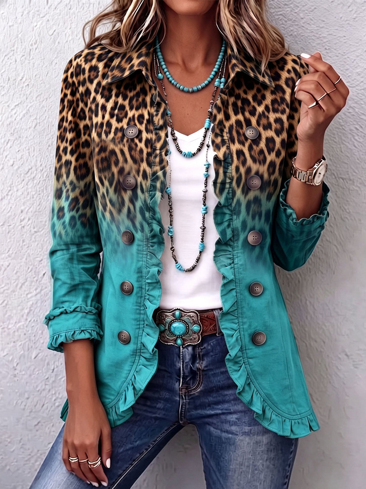 Bice | Blazer con estampado de leopardo difuminado en turquesa