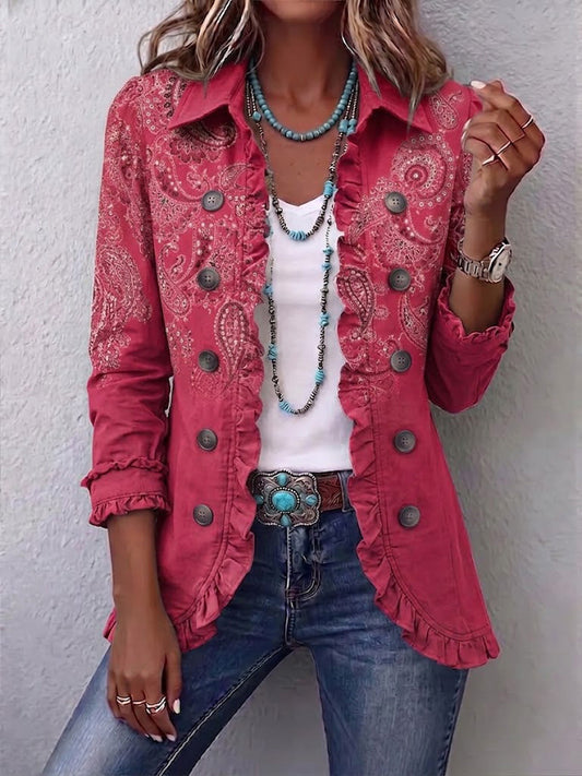 Isotta | Chaqueta vintage con estampado paisley en rosa antiguo y volantes