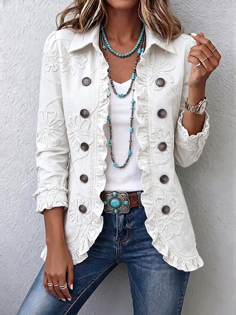 Camelia | Chaqueta bohemia bordada con flores color marfil