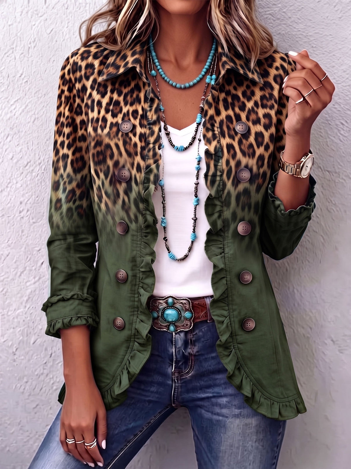 Luisa | Blazer verde oliva con estampado de leopardo difuminado