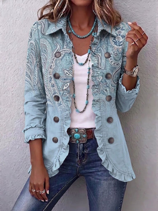Emilia | Chaqueta vintage de estampado paisley azul cielo con volantes